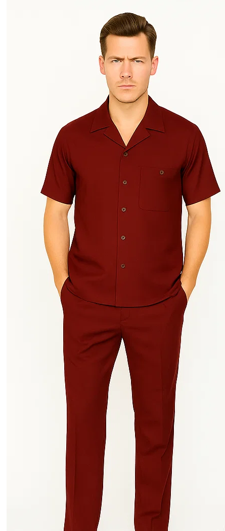 Burgundy leisure suit: short-sleeve button-up shirt with pocket & straight-leg pants. Matching smooth fabric, solid color. Relaxed, comfortable outfit.