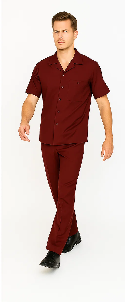 Burgundy leisure suit: short-sleeved button-up shirt with pocket & classic collar, and straight-fit matching pants. Comfortable & stylish.