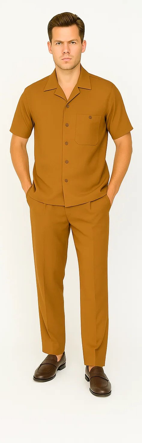 Men's caramel leisure suit: short-sleeved shirt with collar, chest pocket, buttons. Matching straight-leg pants. Lightweight, smooth fabric. Perfect for casual wear.