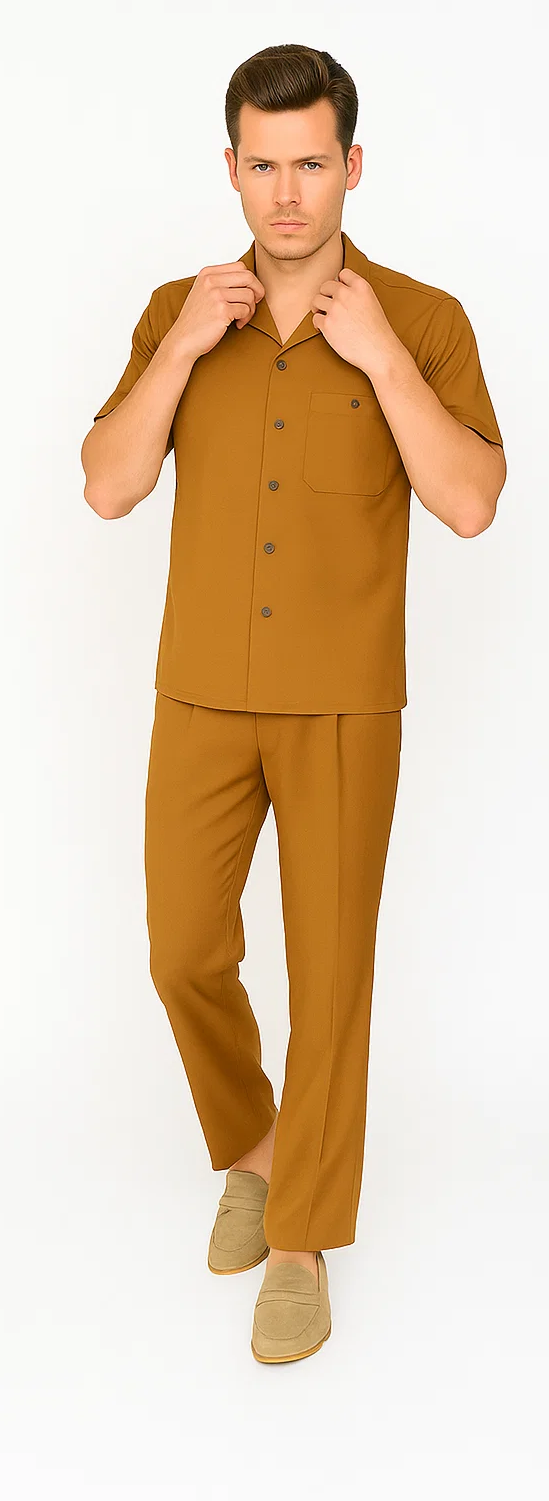 Caramel men's walking suit. Short-sleeve button-up shirt with chest pocket & straight-leg pants. Smooth fabric for comfort. Classic, stylish look.