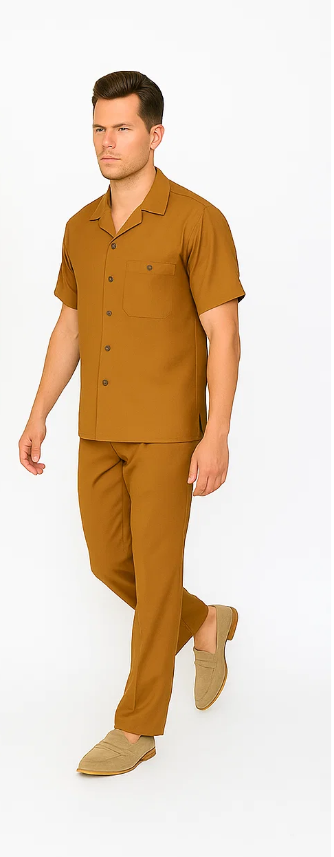 Men's caramel-colored leisure suit: short-sleeve shirt with collar & chest pocket, matching straight-leg pants. Smooth, woven fabric. Consistent color throughout. Perfect for casual wear.