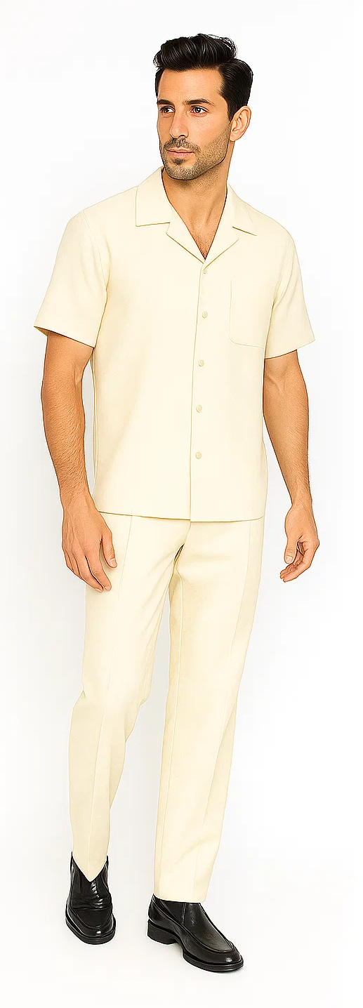 Cream-colored men's leisure suit: short-sleeved shirt with collar, pocket, and button closure; matching straight-leg pants. Lightweight, smooth fabric for a comfortable, cohesive outfit.