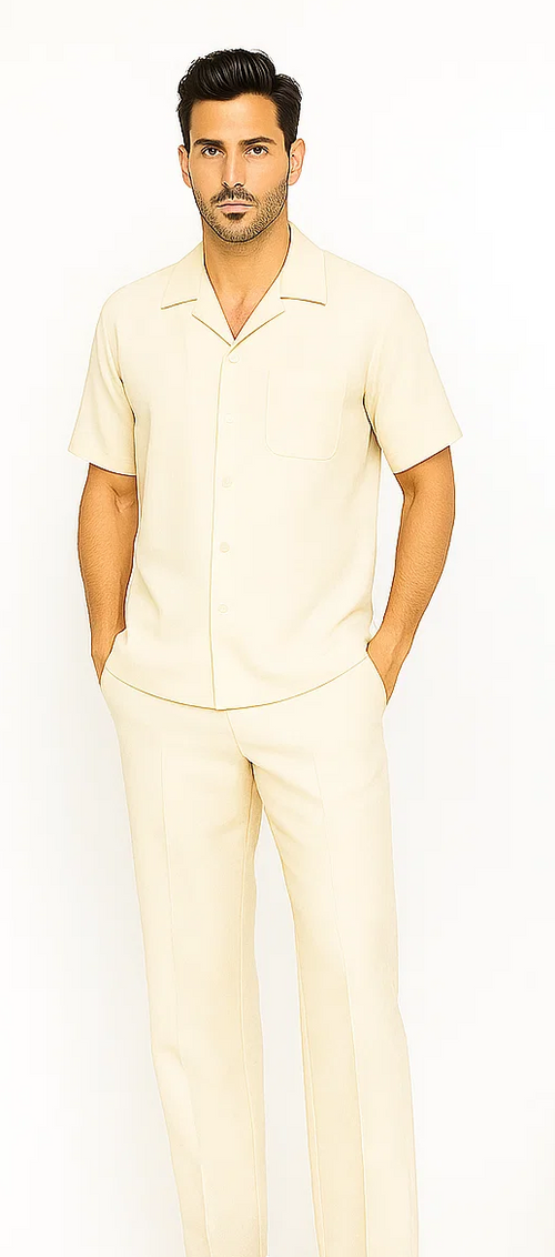 Men's cream leisure suit: short-sleeve button-up shirt with pocket, and straight-leg pants. Lightweight, smooth fabric, matching color. Ideal for casual wear.