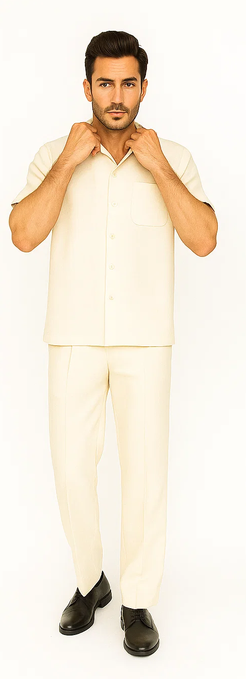 Cream leisure suit: short-sleeve button-up shirt with chest pocket & straight-leg pants. Lightweight fabric, smooth finish, and visible seams.