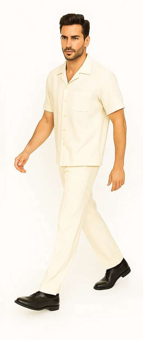 Cream men's leisure suit: short-sleeved button-up shirt with chest pocket & tapered pants. Both crafted from lightweight fabric, perfect for casual wear.