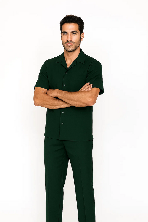 Hunter green men's leisure suit. Short-sleeved button-up shirt with chest pocket & standard collar. Matching straight-leg pants. Lightweight, comfortable fabric.