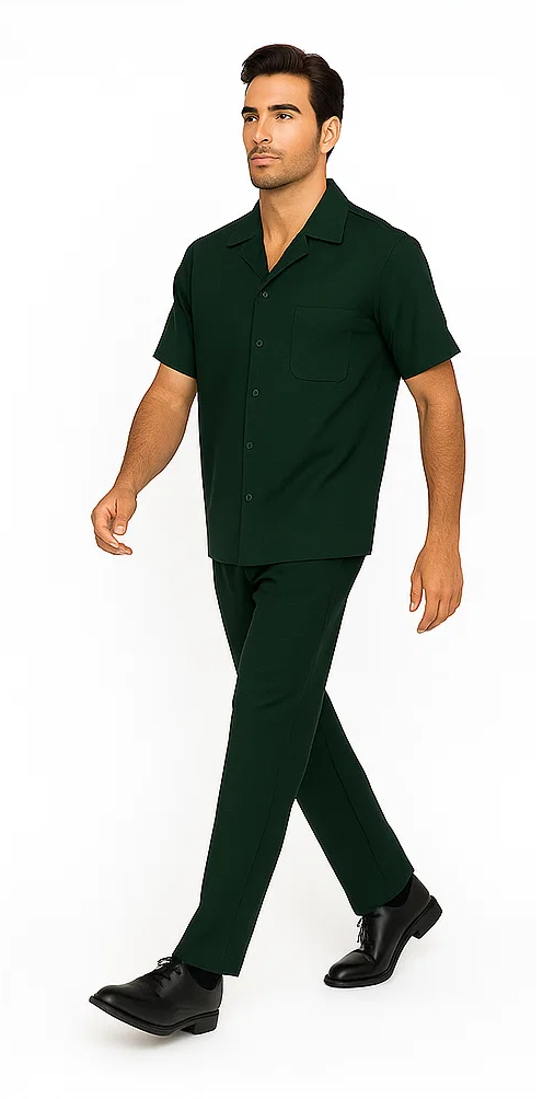 Hunter green men's leisure suit: short-sleeve button-up shirt with collar and chest pocket, paired with straight-leg pants. Smooth, solid-colored fabric for a classic, coordinated look. No patterns or embellishments.