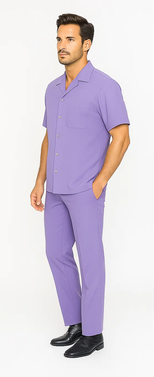 Lavender leisure suit: short-sleeve shirt with flat collar, chest pocket, and straight-leg pants. Smooth, uniform fabric. Shirt buttoned, worn with black shoes.