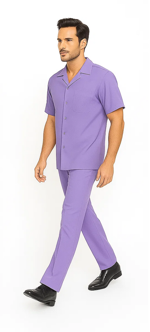 Men's lavender walking suit: short-sleeved button-up shirt with chest pocket & collar, paired with straight-leg pants. Made from smooth, lightweight fabric. Casual, matching set.