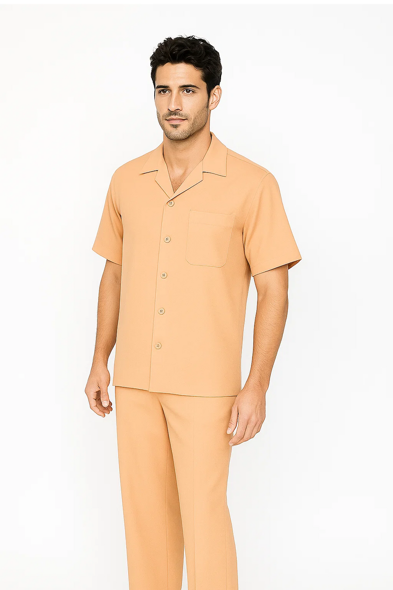 Men's melon-colored leisure suit: short-sleeve shirt with chest pocket & notched collar, plus straight-leg pants. Smooth fabric, matching color for a coordinated look.
