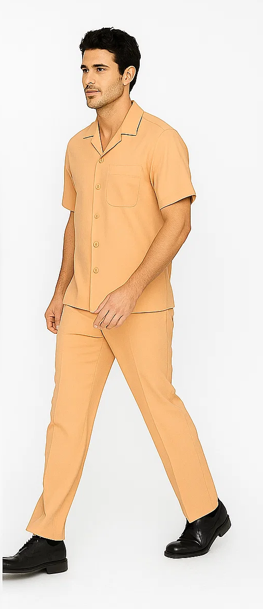 Men's melon-colored leisure suit: short-sleeve shirt with patch pocket & contrasting collar piping, paired with straight-leg pants. Smooth, lightweight fabric, tailored fit.
