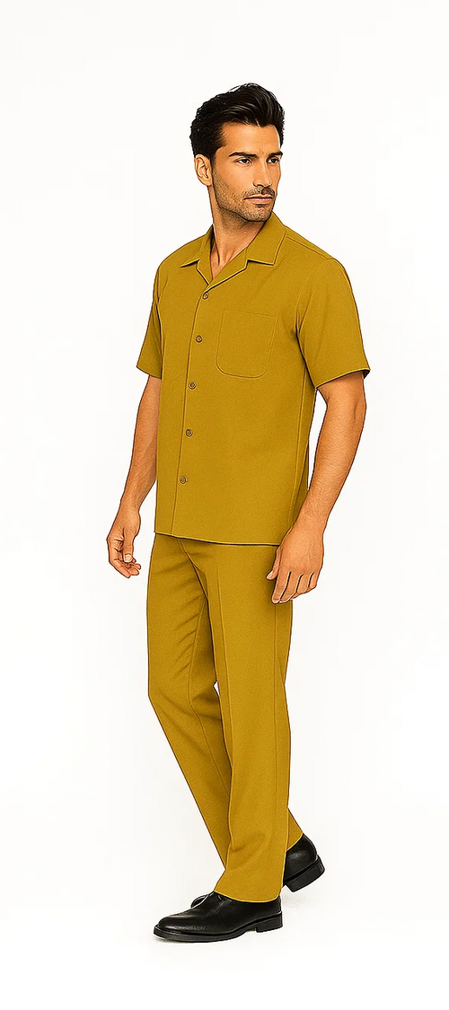 Mustard-colored men's leisure suit: short-sleeve button-up shirt with single pocket, and straight-leg pants. Uniform fabric texture for a smooth, tailored look.