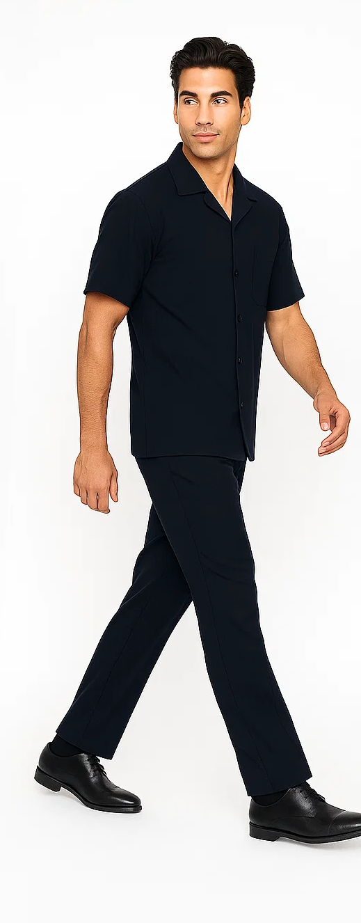 Navy leisure suit: short-sleeve button-up shirt with collar and straight-leg pants. Solid, dark blue fabric. Classic and comfortable.