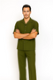 Olive leisure suit: short-sleeved button-up shirt with pocket & long pants. Smooth fabric.