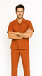 Men's papaya-colored leisure suit: short-sleeve button-up shirt with pocket and matching streamlined pants. Lightweight, comfortable material. Straight cut shirt, tailored pants.