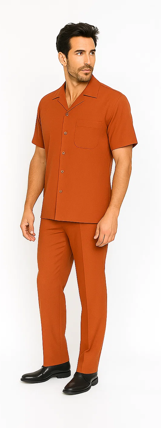 Men's papaya-colored casual leisure suit. Features a short-sleeved button-up shirt with chest pocket and notched collar. Includes straight-leg pants. Lightweight, smooth fabric for a cohesive look.