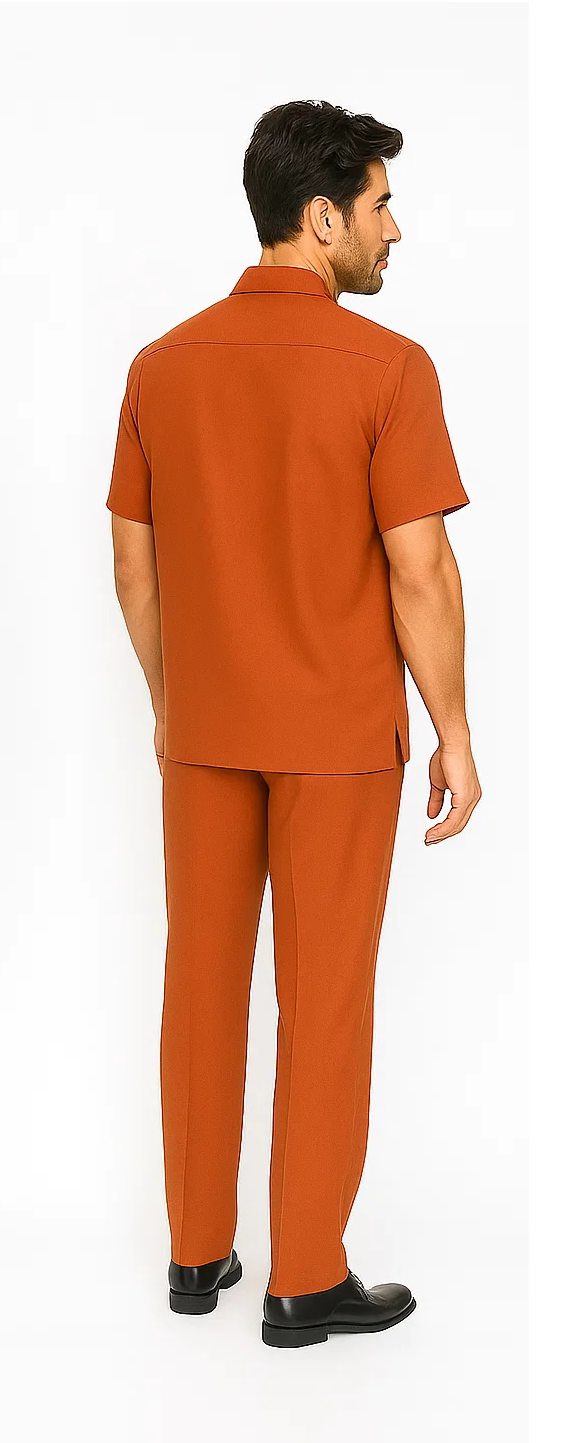 Men's papaya-colored leisure suit: short-sleeve shirt with classic collar & side slits + straight-leg pants. Smooth, textured fabric for a tailored, relaxed fit.