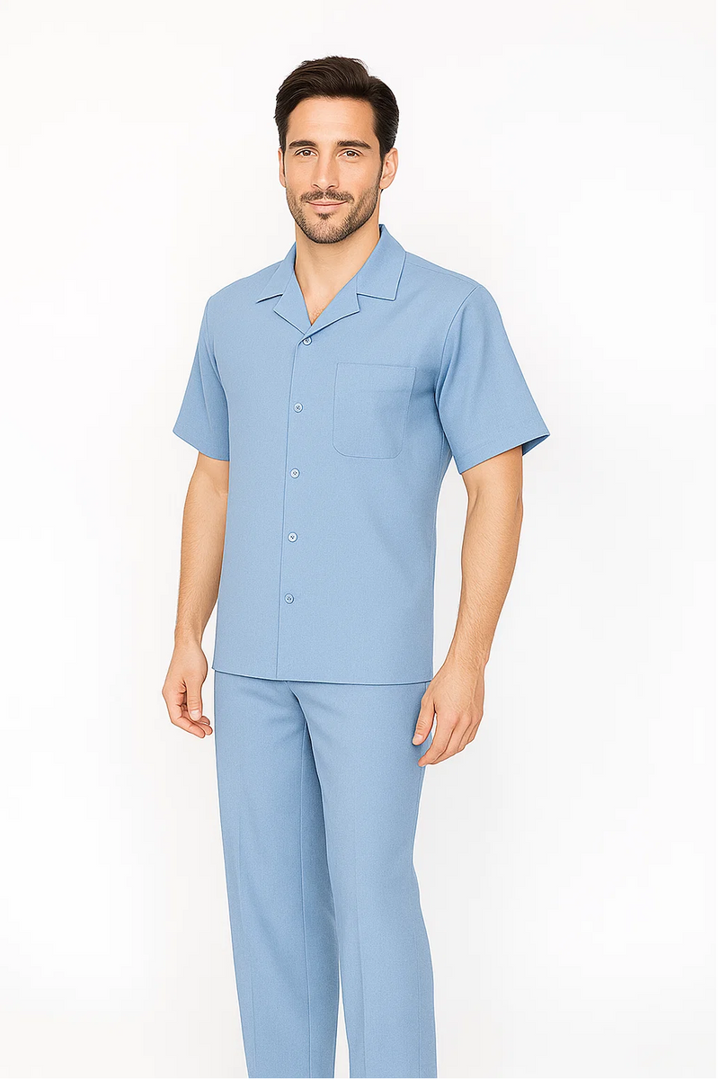 Powder blue men's walking suit: short-sleeve shirt (chest pocket), straight-leg pants. Lightweight, smooth material. Perfect for casual wear.