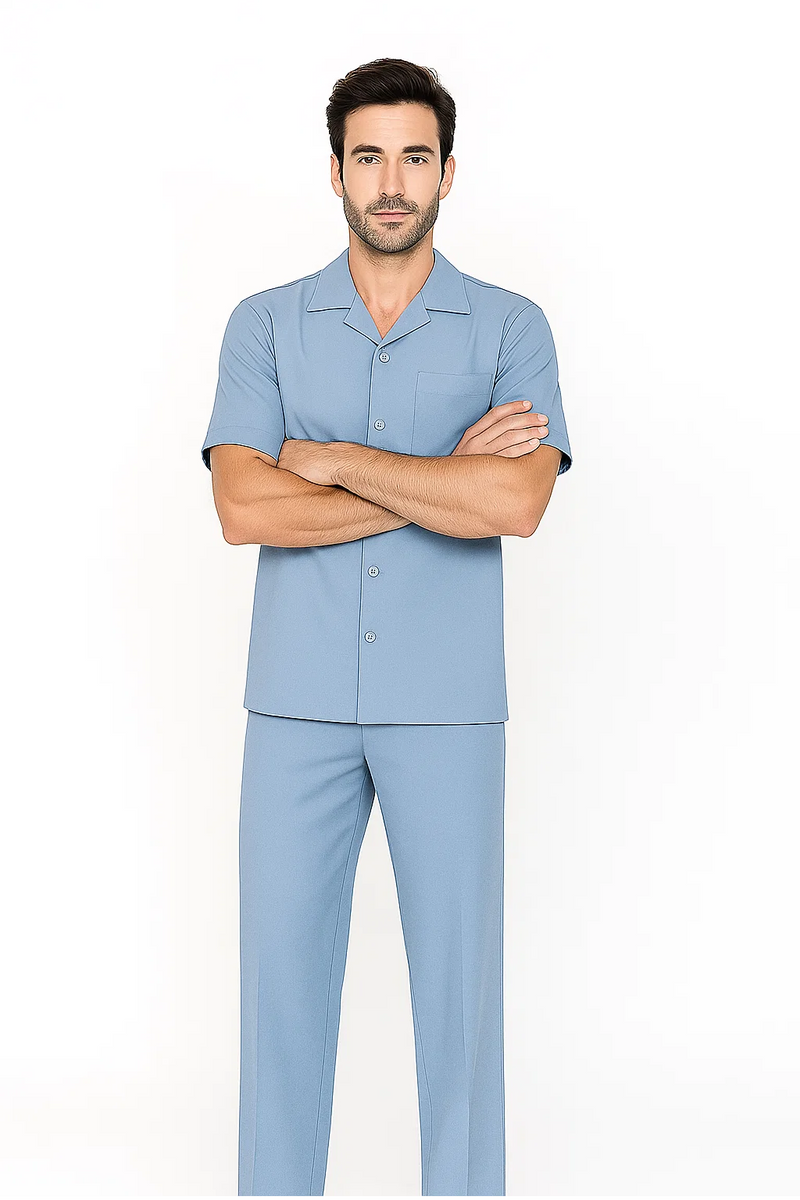 Powder blue men's leisure suit: short-sleeve button-up shirt with pocket and matching slim-fit pants. Standard collar, lightweight, smooth material, perfect for casual wear.