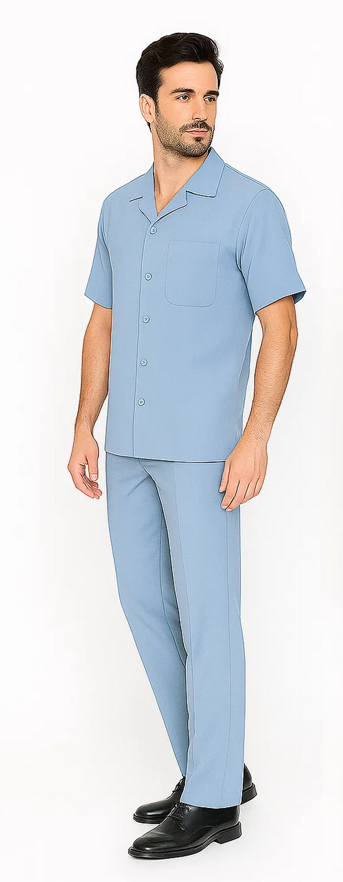 Powder blue men's leisure suit: short-sleeved, button-up shirt with chest pocket & straight-leg pants. Solid color fabric, no patterns.