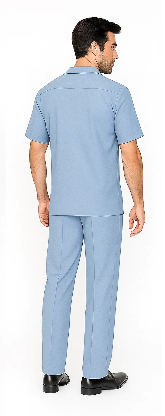 Powder blue men's leisure suit: short-sleeved shirt with standard collar & straight-leg pants. Unembellished design. Lightweight material, clean, streamlined fit.