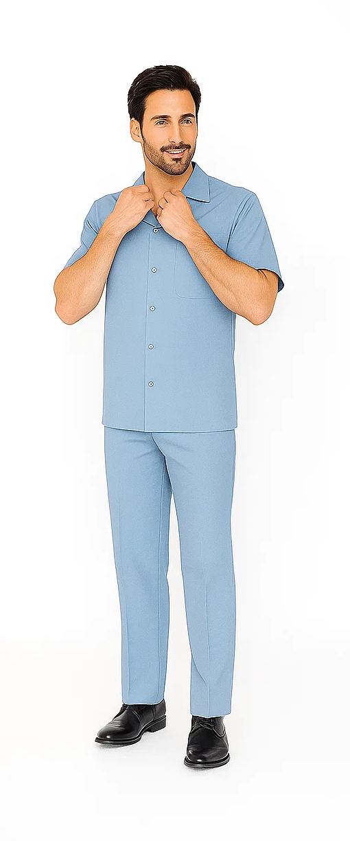 Powder blue men's leisure suit: short-sleeved shirt with collar & buttons, and tailored pants. Lightweight fabric for a comfortable, relaxed fit.