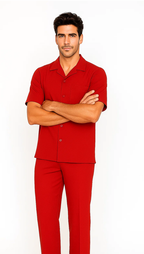 Red leisure suit: short-sleeved, button-up shirt with collar and patch pocket. Straight-leg pants. Smooth material. Classic retro look.