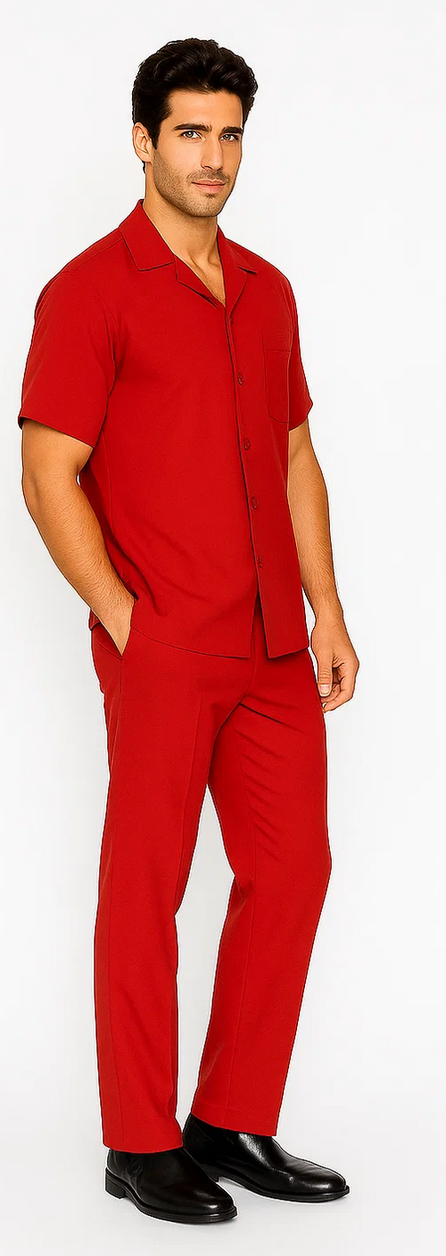 Red leisure suit: short-sleeve button-front shirt with patch pocket & straight-leg pants. Tailored fit for comfort and style. Matching set.
