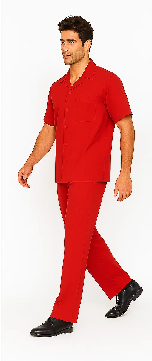 Red leisure suit: short-sleeve shirt with front pocket & straight-leg pants. Solid red fabric. Perfect for relaxed occasions.
