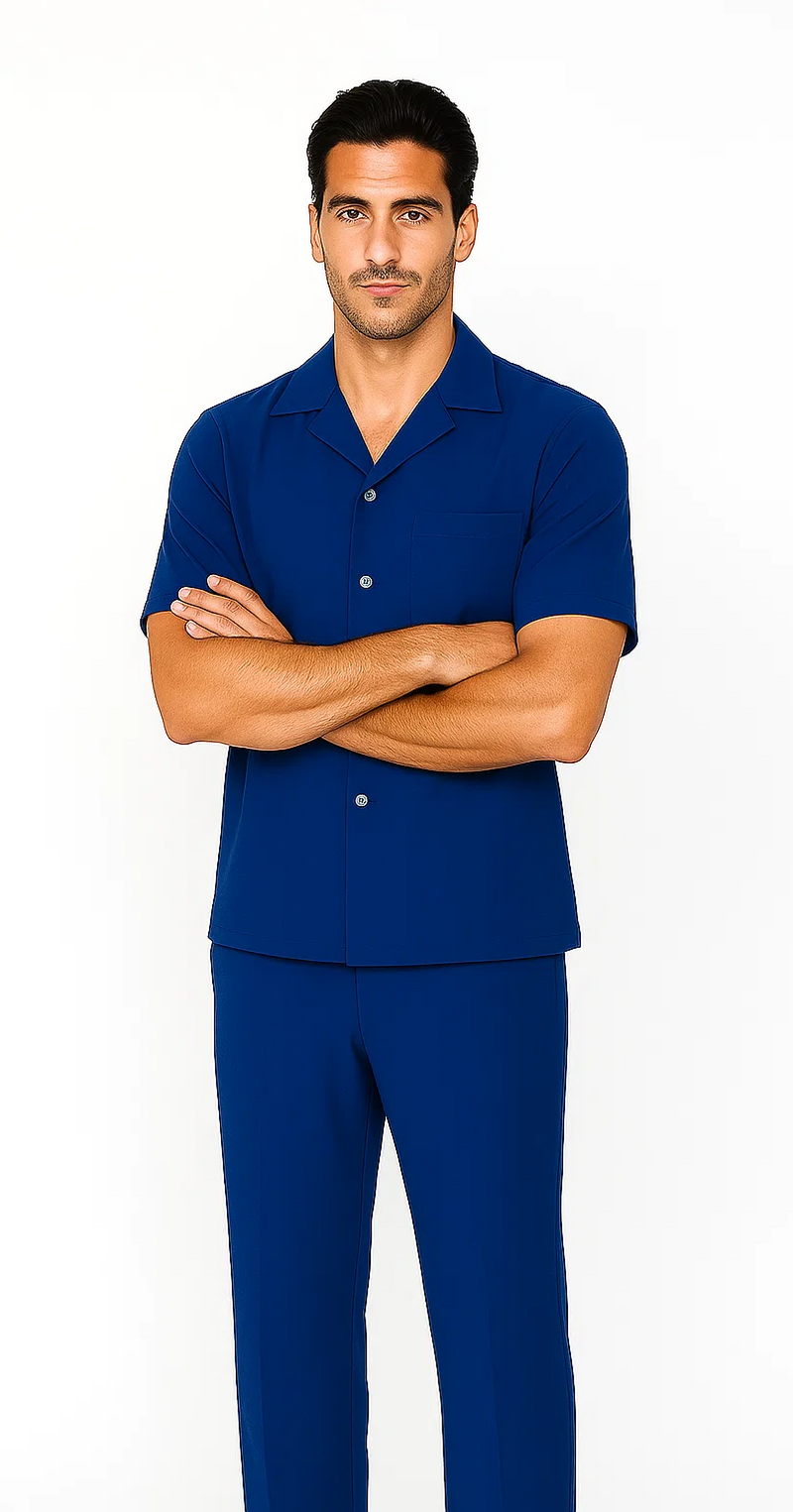 Royal blue men's walking suit. Short-sleeve shirt with pointed collar, chest pocket. Straight-leg pants. Smooth fabric. Perfect for comfortable and stylish wear.