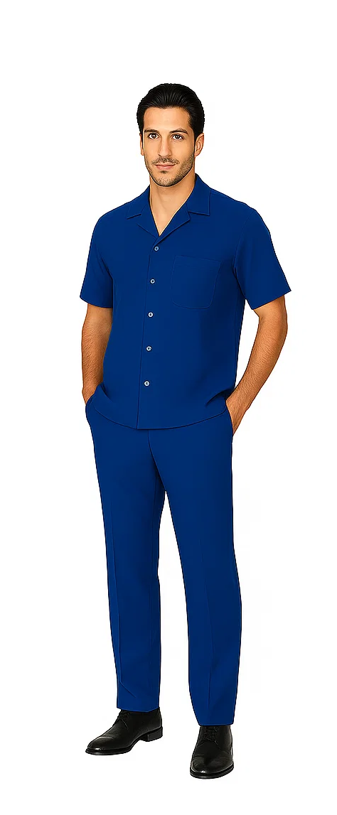 Royal blue men's walking suit: short-sleeve shirt with collar, chest pocket, and straight cut. Matching straight-leg pants. Smooth, solid-color fabric. Casual and comfortable.