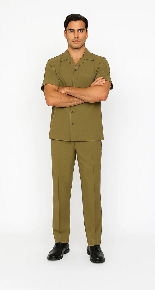 Safari-colored men's walking suit. Short-sleeved shirt with revere collar and two buttons, plus straight-leg pants. Smooth material, olive green hue for a cohesive, clean look.