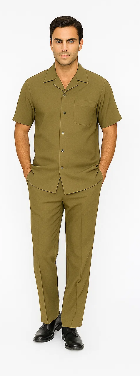 Men's safari-style walking suit in olive green. Includes a short-sleeved, button-down shirt with a chest pocket and straight-leg pants. Lightweight, smooth, and pattern-free fabric.