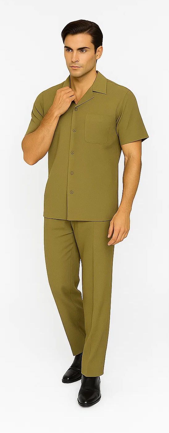 Men's safari green walking suit: short-sleeved, button-up shirt with a pocket and straight collar, paired with straight-leg pants. Both pieces are solid-colored.