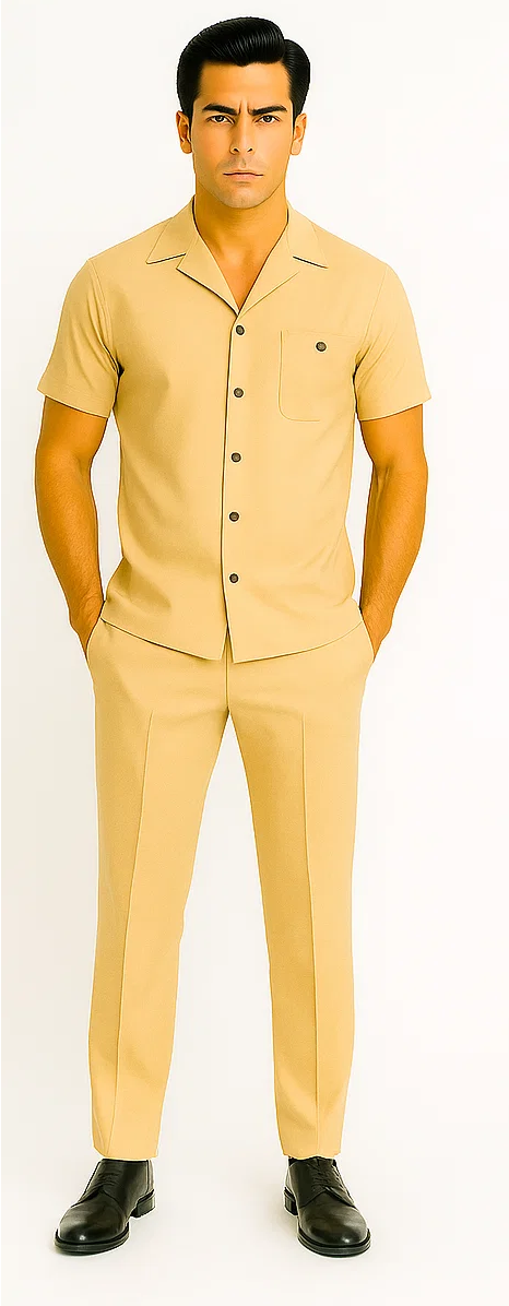 Sand-colored men's leisure suit. Short-sleeved, button-down shirt with pocket. Straight-leg, slightly tapered pants. Smooth fabric with subtle texture. Contrasting collar/placket stitching, dark buttons.