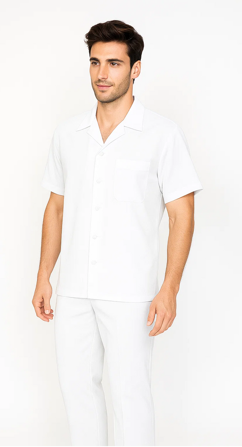 White men's leisure suit: short-sleeve button-up shirt with pocket & straight-leg pants. Lightweight, smooth material for comfort. Perfect for relaxed occasions.