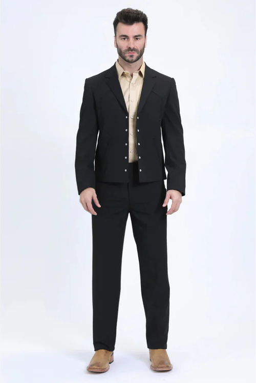 Black men's western sport suit. Fitted jacket with silver buttons and short cut, paired with straight-leg trousers. Smooth, structured material for a formal look.