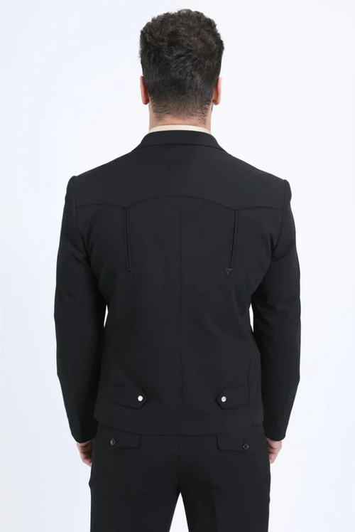 Black Alberto Nardoni men's western suit. Tailored silhouette, structured back, two back vents, buttoned pockets. Smooth, sturdy fabric. Classic collar, clean finish, modern design.