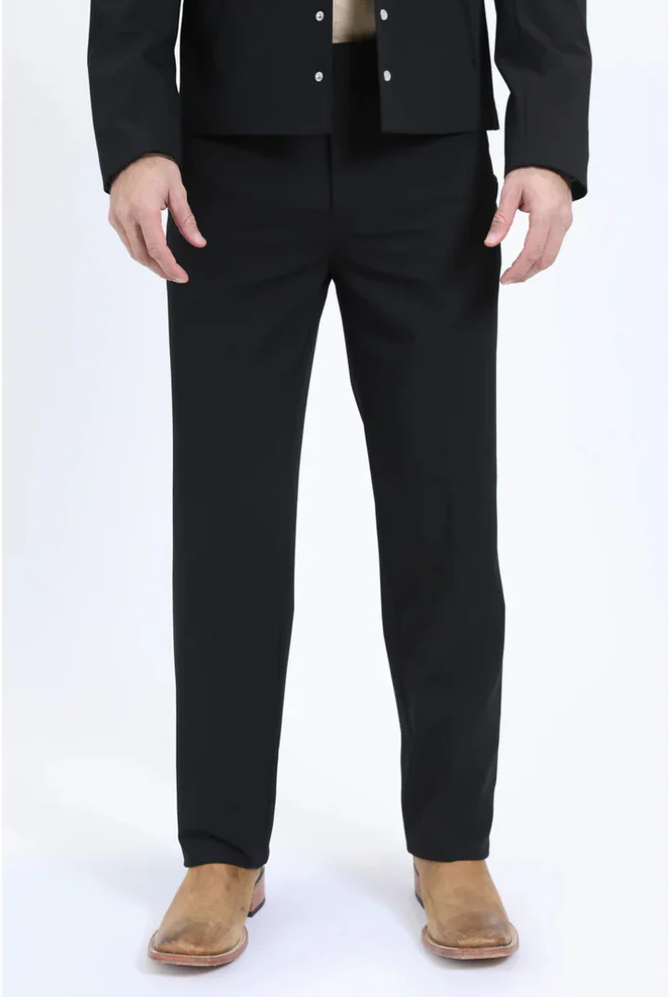 Alberto Nardoni men's black western sport suit. Tailored fit with straight trousers and buttoned jacket. Sleek, unpatterned black fabric. Traditional collar, standard waist, straight leg. Minimalist design.