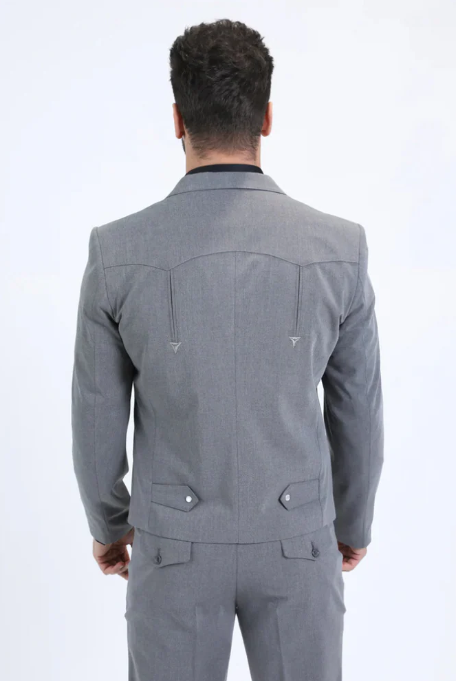 Men's grey Western sport suit: structured blazer, tailored fit, dual vents, button pockets. Medium grey, lightweight fabric with subtle weave.