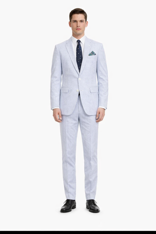 Men’s White and Black Seersucker Suit – Classic Lightweight Striped Summer Suit for Weddings and Formal Events