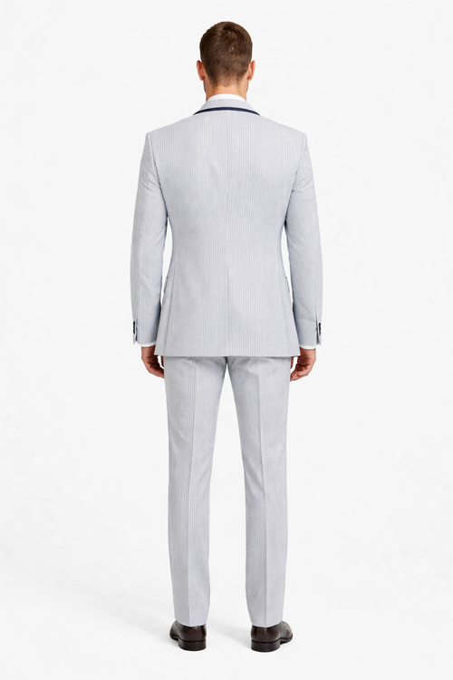 Men's White and Navy Pinstripe Suit with Contrast Trim – 3-Piece Seersucker Style Set for Weddings and Summer Events