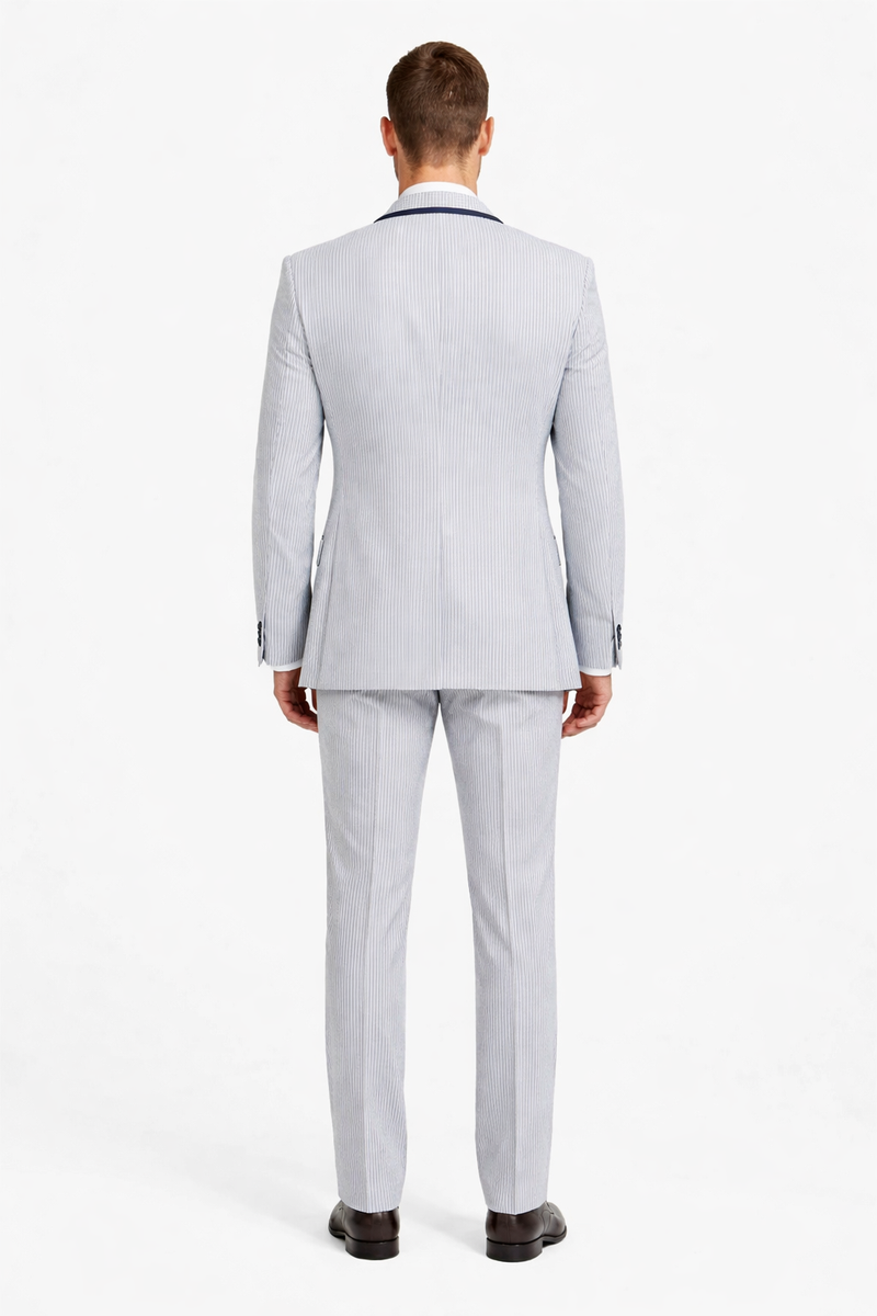Men's White and Navy Pinstripe Suit with Contrast Trim – 3-Piece Seersucker Style Set for Weddings and Summer Events