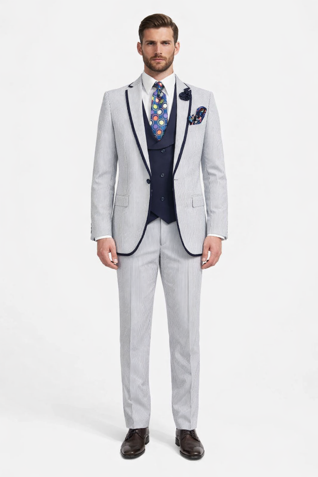 Men's White and Navy Pinstripe Suit with Contrast Trim â€“ 3-Piece