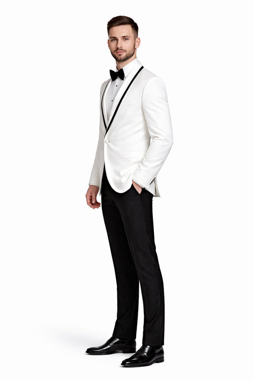 Mens Designer White and Black Trimmed Traditional Dinner Jacket Tuxedo