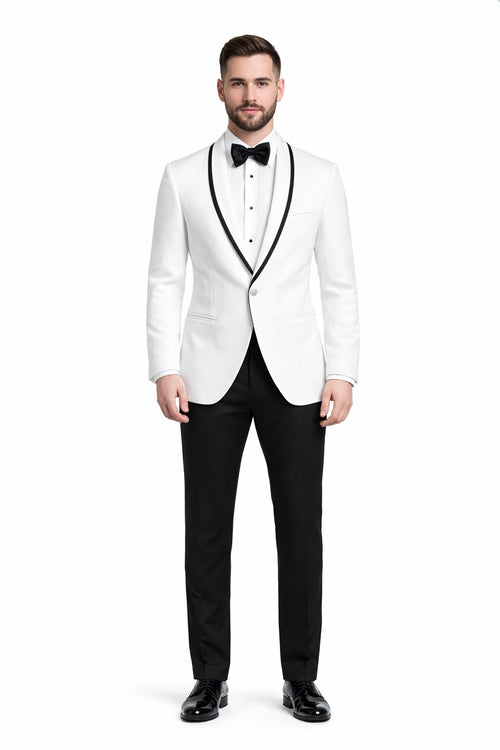 Mens Designer White and Black Trimmed Traditional Dinner Jacket Tuxedo