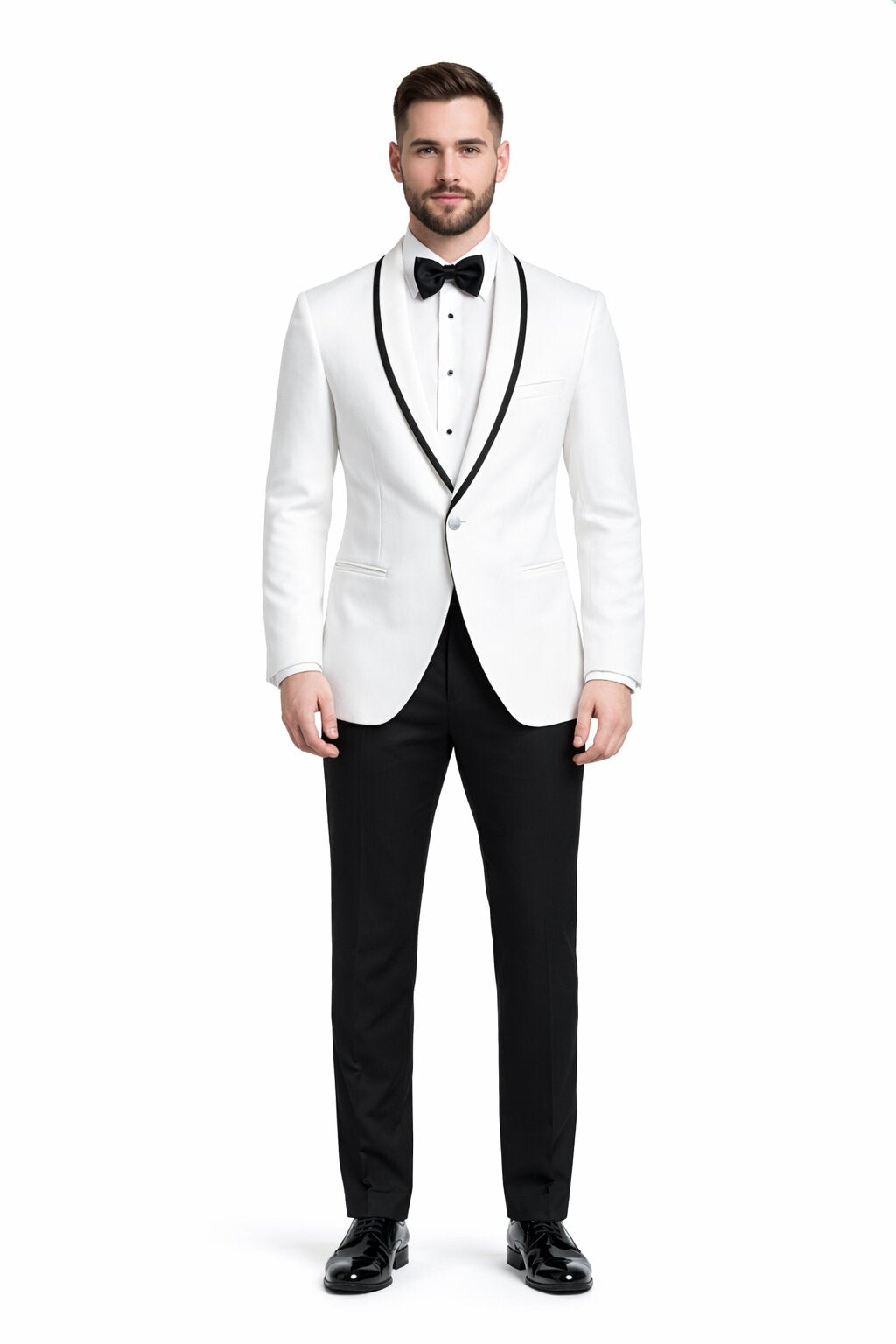 Mens Designer White and Black Trimmed Traditional Dinner Jacket Tuxedo