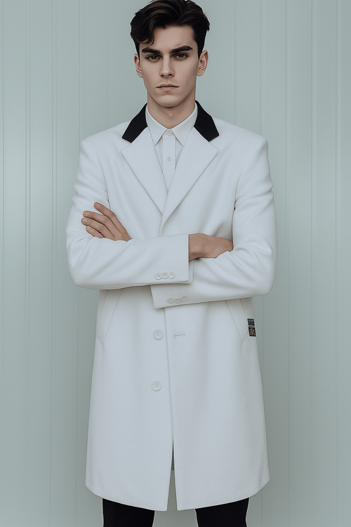 Belted White Wool And Cashmere Mens Overcoat