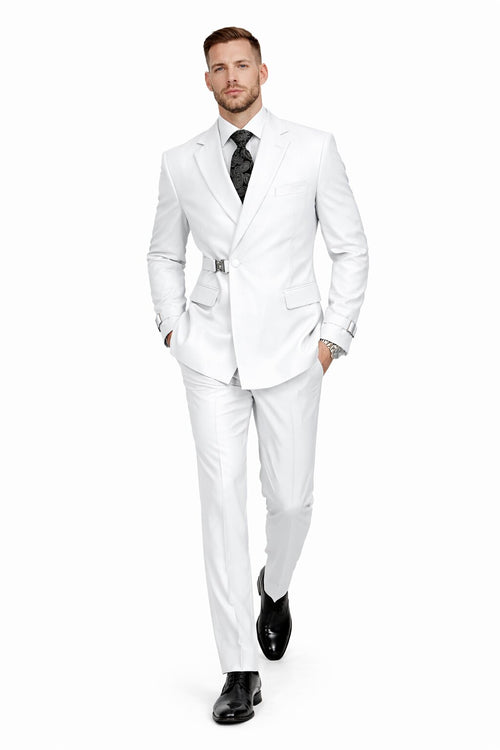Men’s White Double Breasted Wool Suit with Designer Tailored Formal Set Metal Buckle Closure