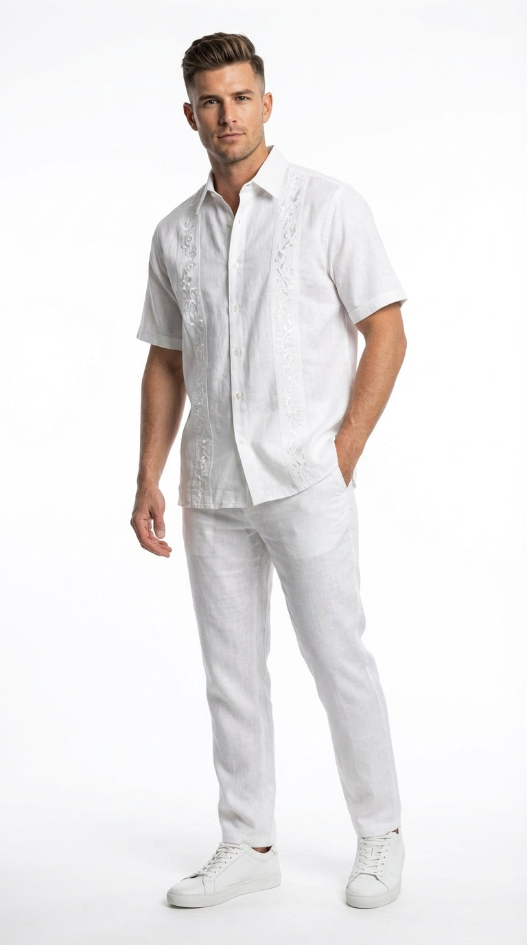 Mens White Embroidered Walking Suit Set ā Short Sleeve Shirt and Pants Casual Summer Outfit for Vacation, Beach and Everyday Wear
